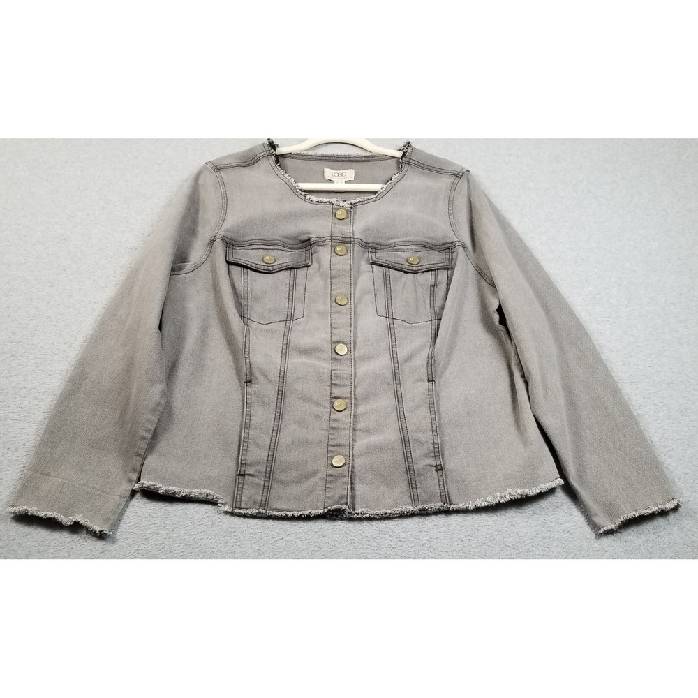 LOGO Lori Goldstein Denim Jacket Womens 18W Gray Raw Hem Stretch Fray Snap Top